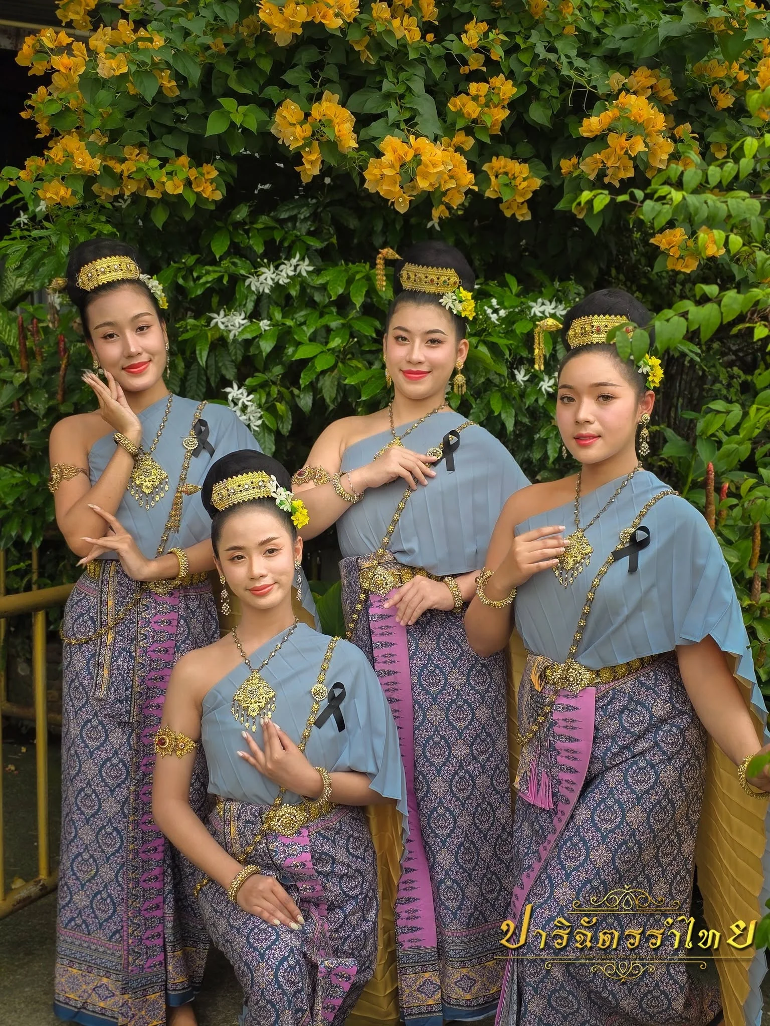 นางรำสี่คนห่มสไบสีฟ้าหน้าพุ่มดอกไม้สีเหลือง